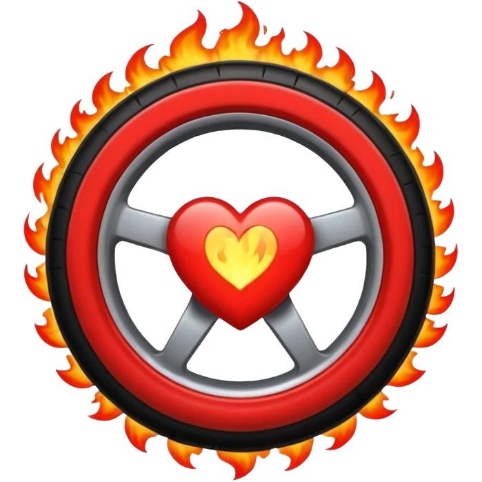 a burning car wheel, and in the center of the wheel there is a red heart emoji