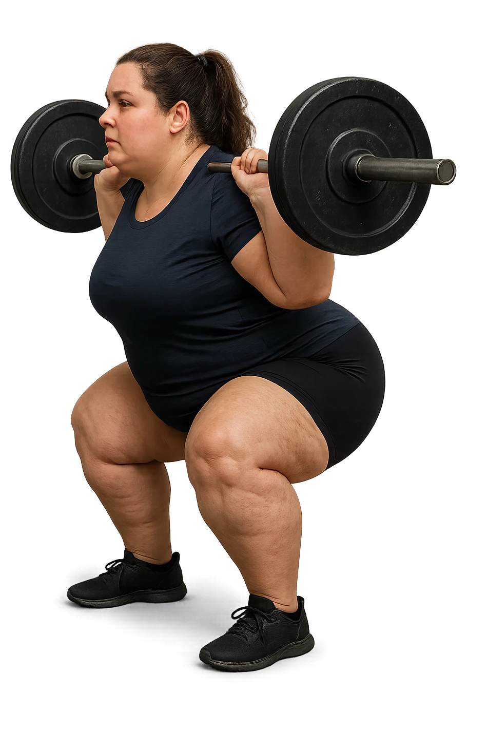donna leggermente in sovrappeso con lipedema alle gambe che fa uno squat di profilo con bilanciere, IPERREALISTICA 4K emoji