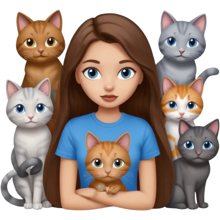 a pretty bratz dusky light skin girl with long brown hair, blue eyes with six cats nd wearing a grey tshirt emoji