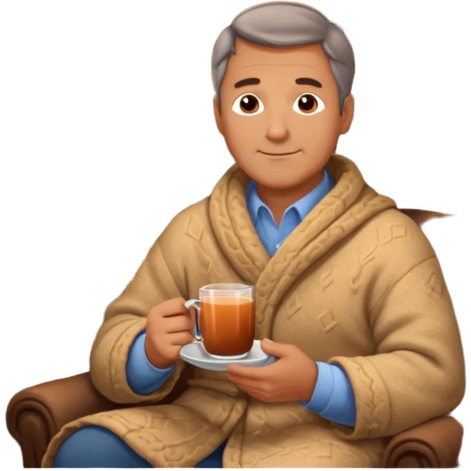 Cozy handsome middle aged man sitting next to a nice fireplace with a hot apple cider, blanket, and plate of chocolate cookies. emoji