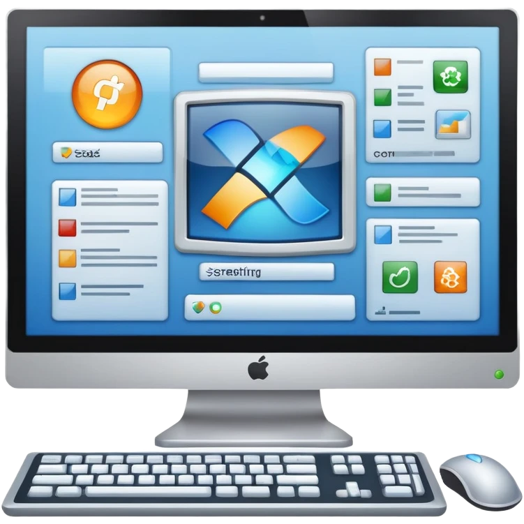 An icon featuring a computer screen with an operating system interface, showing windows, icons, and a taskbar. The design includes code snippets, system settings, and a gear symbol, representing the management and control of computer hardware and software. Transparent background emoji