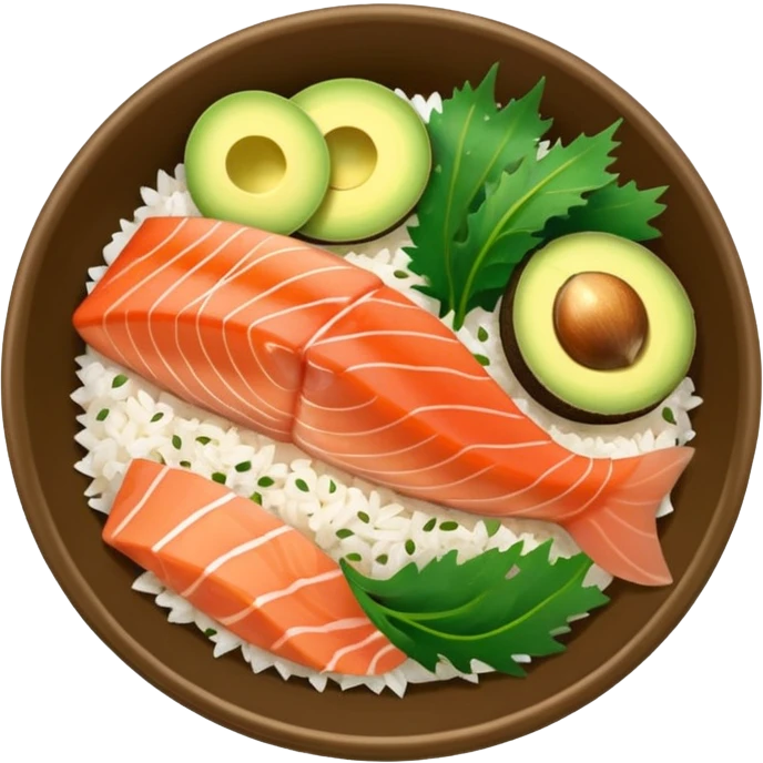 salmon poke bowl with clear and clean colors without watercolor effect, emphasizing freshness of food, iPhone emoji style emoji