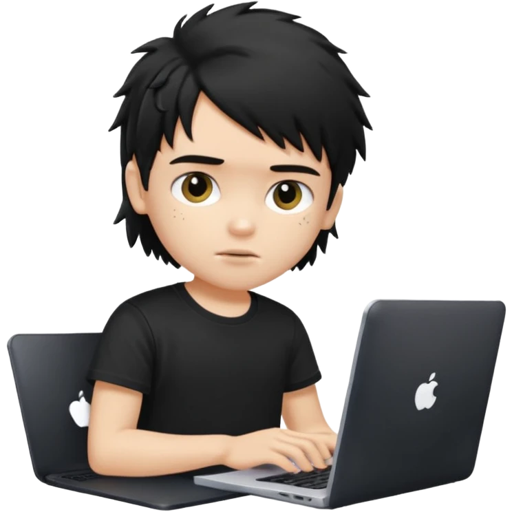 generate a pretty fair bratz boy with a messy mullet (black hair), wearing a black tshirt. Using his laptop emoji