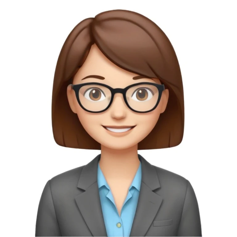 emoji-style illustrated avatar of a smiling woman with glasses and short brown hair, wearing a blazer, clean friendly minimal style, soft colors, subtle facial expression, plain or lightly colored background, modern vector illustration style for startup websites emoji