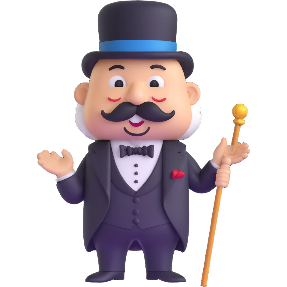 Rich Uncle Pennybags with mustache, top hat, tuxedo, and cane emoji