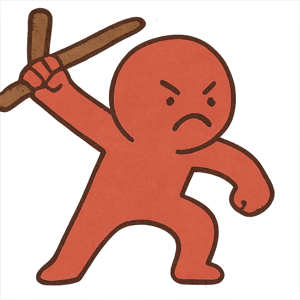 tiny red person, angry, holding a stick, playful illustration emoji