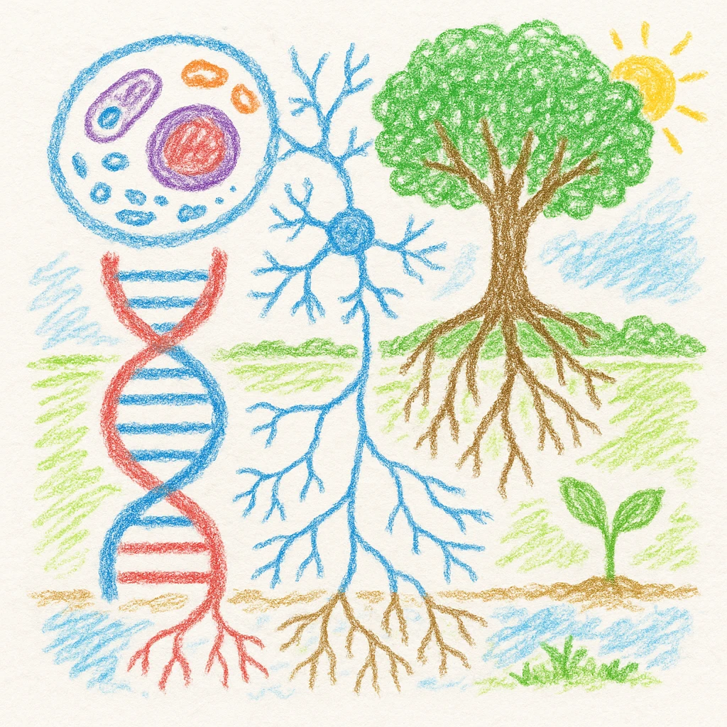 A realistic biological illustration (like in a school book) showing: DNA strands transitioning into a tree, cells with visible organelles, neurons connected to plant roots  and a balanced ecosystem background . Seamless integration, no labels or borders, white or transparent background, detailed but minimalist.  emoji