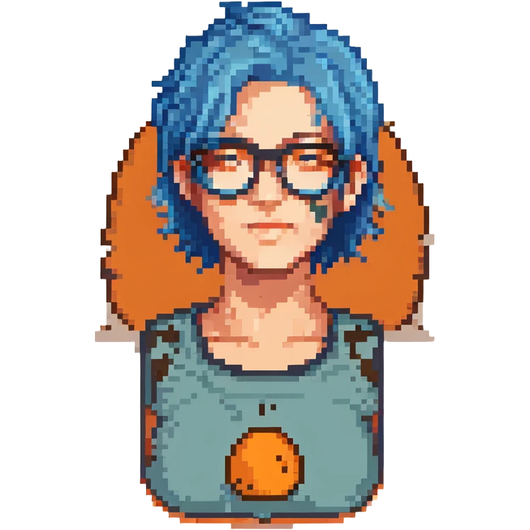 person with blue hair, glasses, and a tattoo emoji