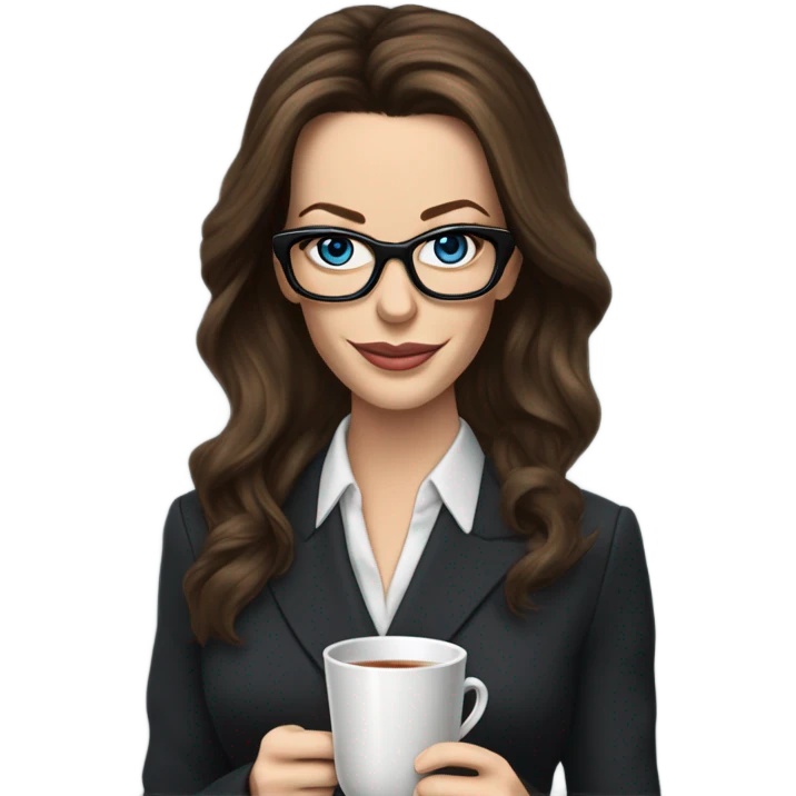 Realistic Kate Beckinsale blue eyes wearing glasses in a business dress drinking a cup of tea  emoji