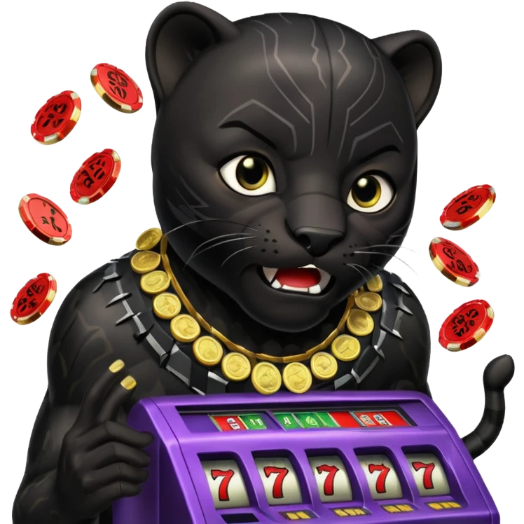 disheveled Black Panther losing money at a slot machine, panicked face, coins flying emoji
