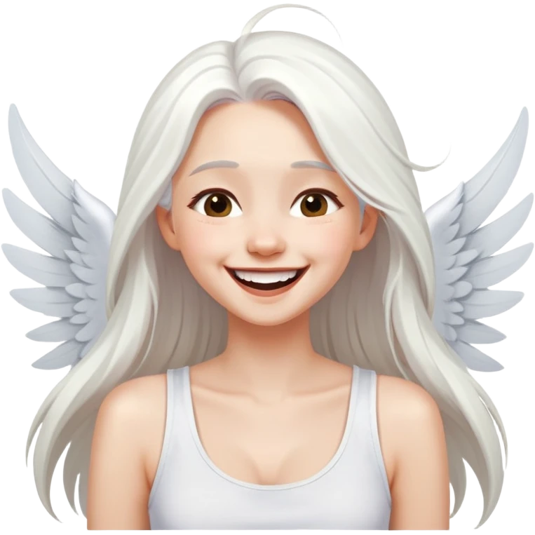 Style Stylized girl laughs with long white hair holds her hair in a white Tshirt on straps on straps hawks White hugs wings style art gam style cartoon emoji