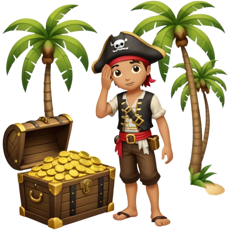 kid pirate with hand on forehead looking for something, one foot on treasure chest, palm trees in background emoji