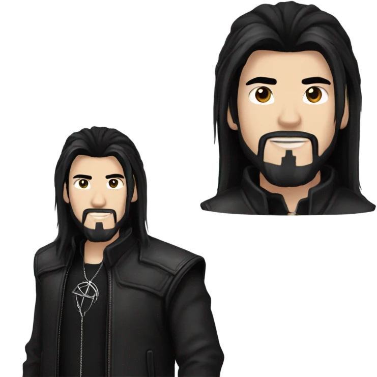 Chinese Man with pale skin, very long black hair, black goatee, square jawline, eyeliner, black leather jacket, black pants, black shirt and pentacle necklace emoji