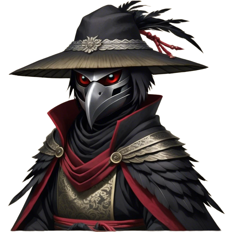 A fierce Kenku samurai with sleek black feathers, piercing crimson eyes glowing under the shadow of his straw hat. His sharp beak is partially covered by a black cloth mask, adding to his air of mystery. He wears layered black and crimson armor, intricate silver engravings etched into the metal plates. A long, tattered cloak billows behind him, worn from countless battles. His clawed hands grip the hilt of a curved katana, its polished blade reflecting the moonlight. Wisps of mist swirl around his taloned feet as he stands motionless emoji