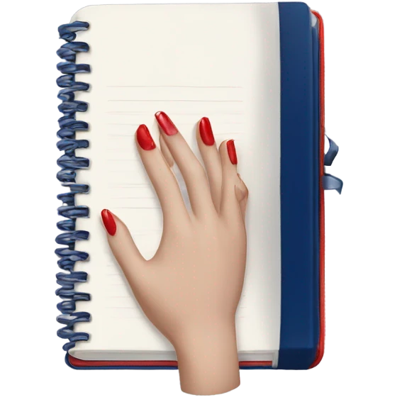 a hand with a red manicure holds a dark blue diary emoji