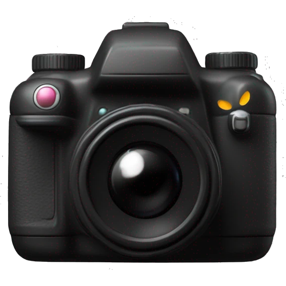 In the center of a pure black background, a 3D mimetic digital camera is facing the lens at a 0-degree angle emoji
