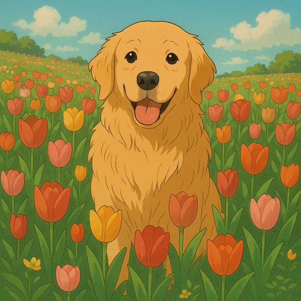 golden retriever surrounded by tulips in ghibli style emoji