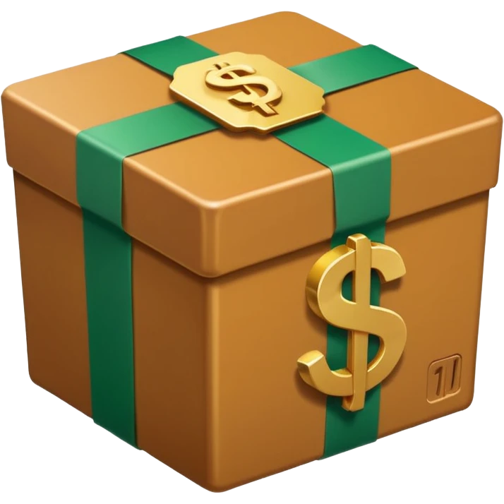 Closed box with smooth, rounded edges

Light honey‑brown tape strip with a glossy highlight

Flat green bill with a bold white dollar sign, anchored at the bottom left of the box

Slight soft shadow under the bill for depth

Plain white background for that crisp, emoji‑ready finish emoji