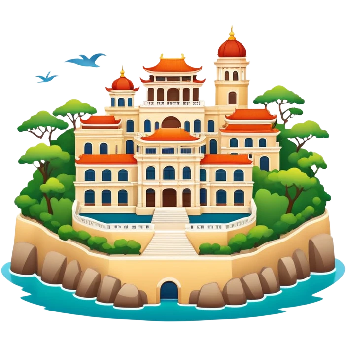 Gulangyu Island Xiamen with colonial buildings, simplified emoji style with bold outlines and bright colors, cartoon style island with piano shape emoji