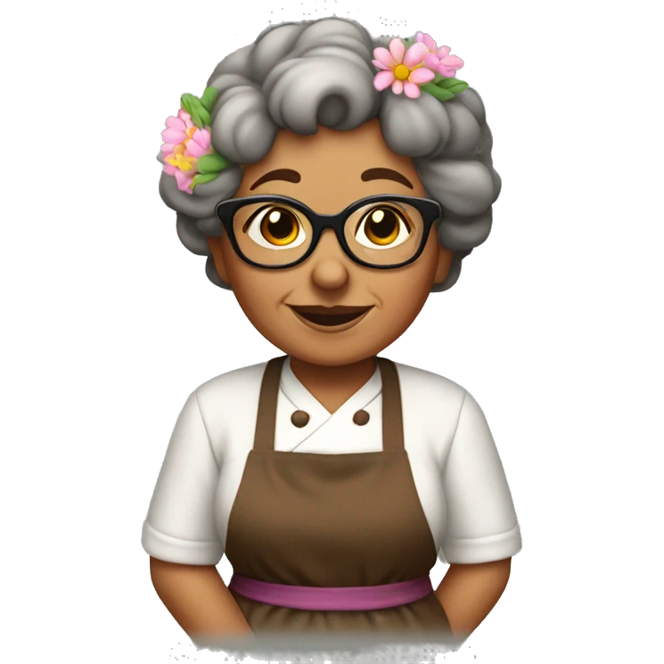 Little brown grandma with glasses in cooking apron with flowers emoji