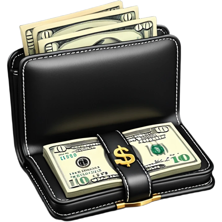 Rich emoji style black leather wallet with dollar bills, luxury money vibe, premium 3D emoji, ultra clean, high detail, no background emoji
