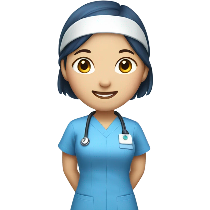 cute Asian nurse with smile, without hat, blue clothes, with arms emoji
