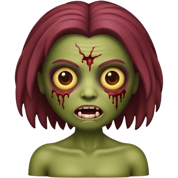 faça uma boneca zumbi estilo emoji do iphone com cabelo cacheado castanho e olhos castanhos emoji