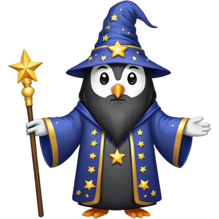 penguin wizard with a long beard and starry robe emoji