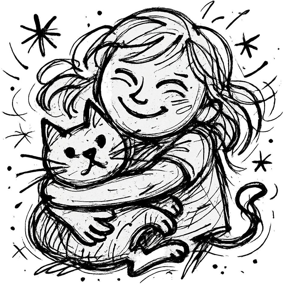 a beautiful girl hugs a cat tightly with dynamic lines emoji