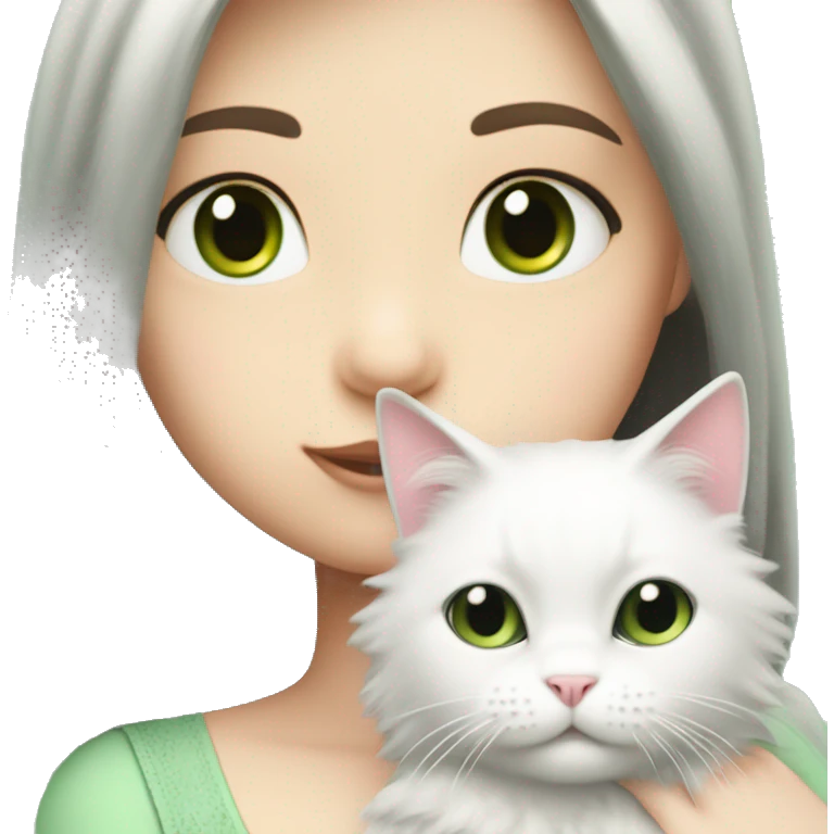 girl with pale skin, very long dark black hair and green eyes and light pink outfit hugging a white fluffy scottish cat emoji