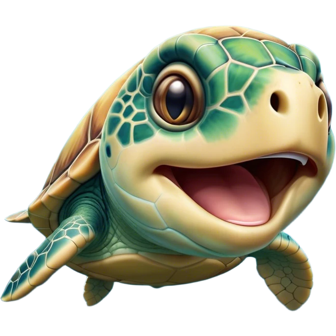 Cinematic Cute Yawning Sea Turtle Portrait Emoji, Head tilted slightly with a dramatic, wide-open yawn, showcasing a stately, patterned shell and a smooth, aged body with sleepy, half-closed eyes, Simplified yet irresistibly adorable features, highly detailed, glowing with a soft, cozy oceanic glow, high shine, relaxed yet expressive, stylized with a dash of whimsical marine charm, soft glowing outline, capturing the essence of a drowsy yet affectionate sea turtle that appears ready to stretch out for a nap! emoji