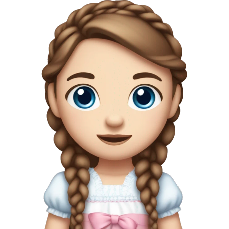Little Girl with White skin, blue eyes. Long brown hair with two braids and two pink bows in it. She is wearing a pink and White dress, standing and holding on to a teddybear. emoji