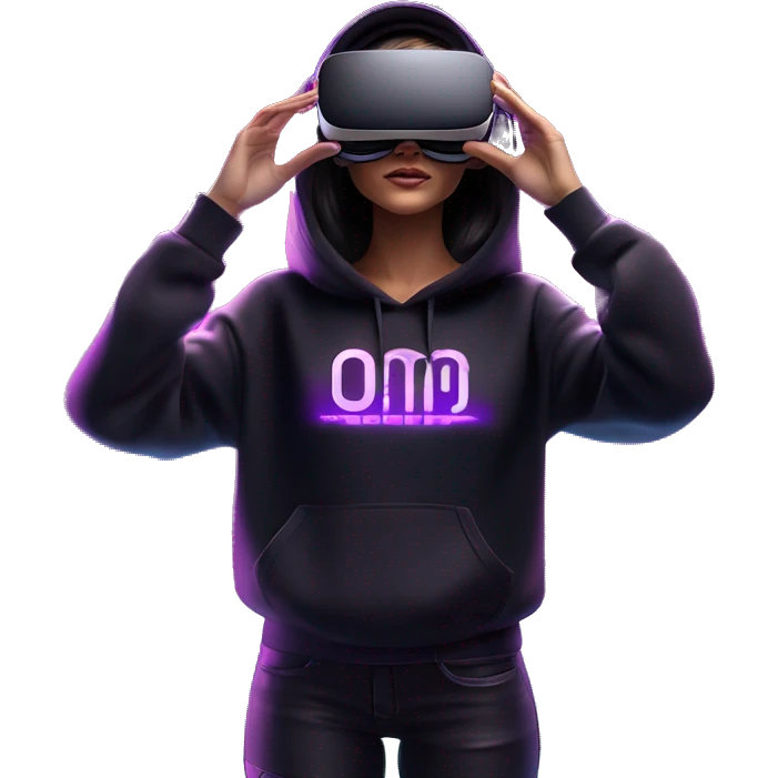 Russian girl wearing black hoody with violet letters "OMG", in vr headset oculus quest2. Standing like jedi. Cyberpunk style. Violet neon. emoji
