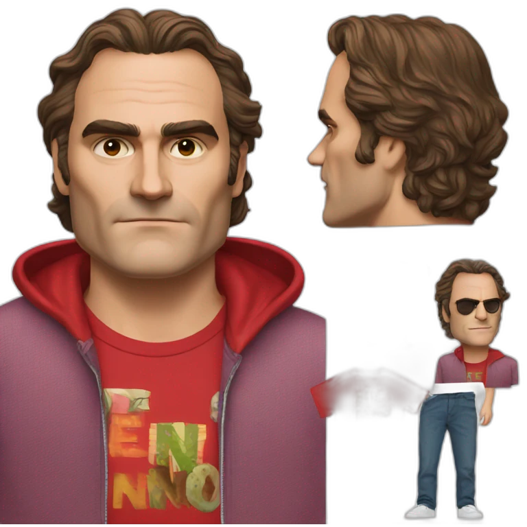 joaquin phoenix wearing a red t-shirt with text "N.E.N.N.O" emoji