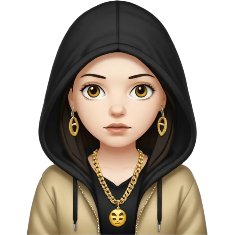 white girl with a hood on with dark hair looking like a rapper emoji