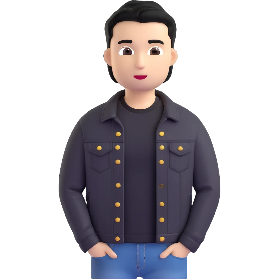 3D emoji style Microsoft, young man with black hair, wearing black t-shirt and black denim jacket, based on photo reference, neutral facial expression emoji