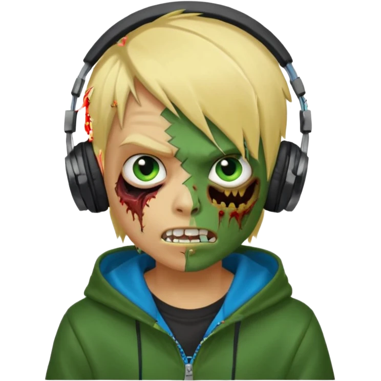 boy zombie whit blonde emo hair and eyes blue and GREEN SKIN and heandphones AND A MICROFONE AND GOLD TEETH and agesive face and the hoodie black emoji