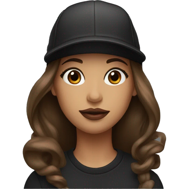 A beautiful woman wearing a black cap and black sweatshirt, big lips, brown straight long hair.  emoji