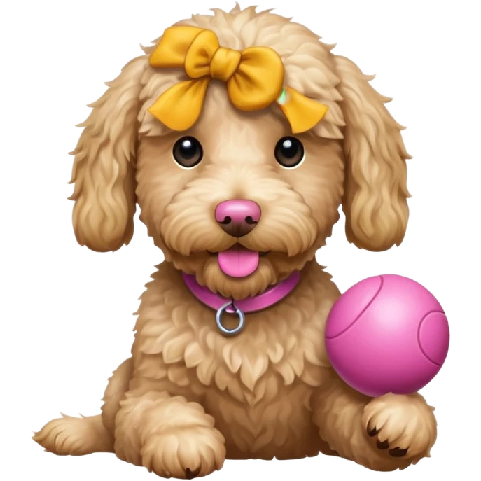 A blonde labradoodle with pink nose that is playing with toy emoji
