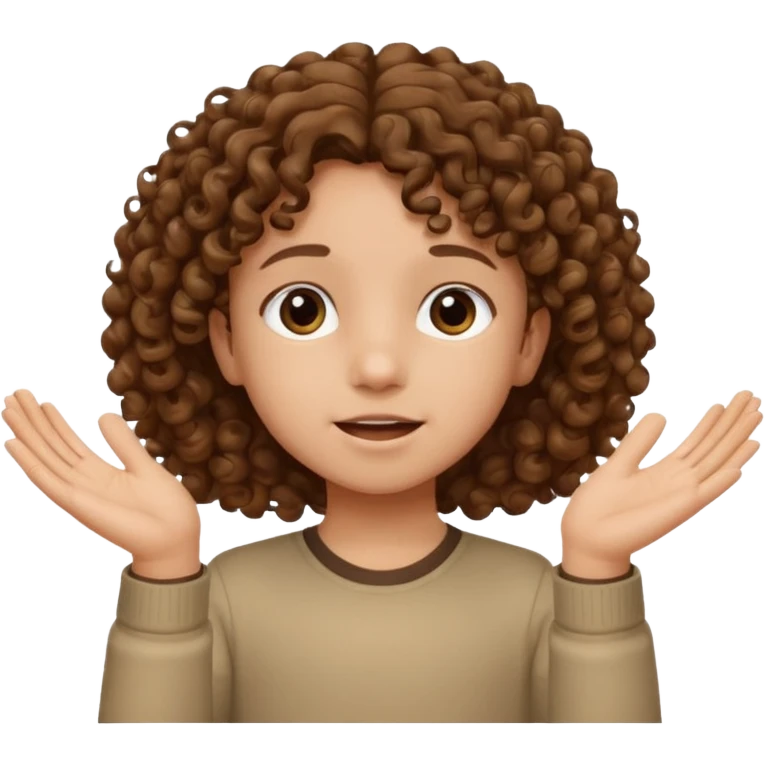 A kid with curly hair with both hands facing up saying 67 emoji