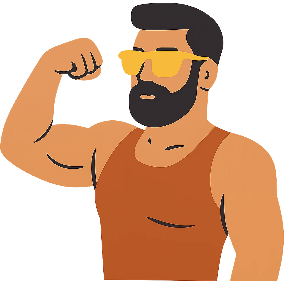 flat design style muscular man with black beard wearing yellow sunglasses emoji