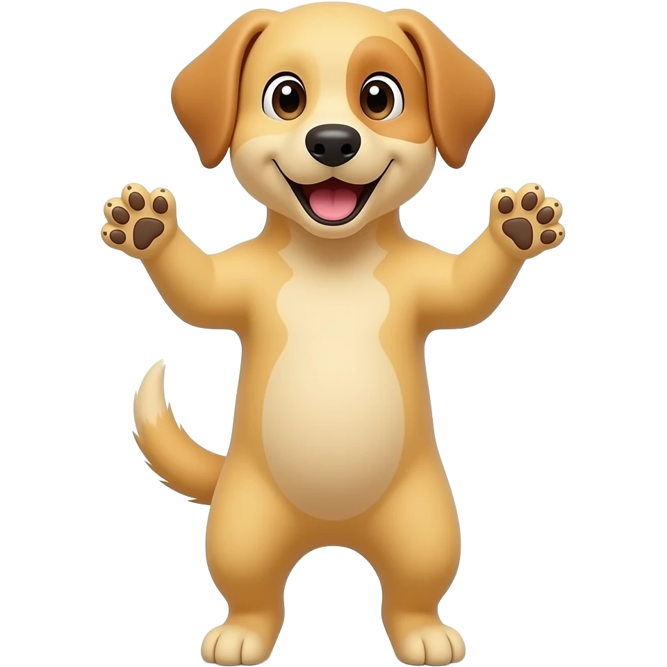 A completely yellow dog, standing up with legs and arms like a little person, looking at us with a very happy expression. Its body is completely light yellow. emoji