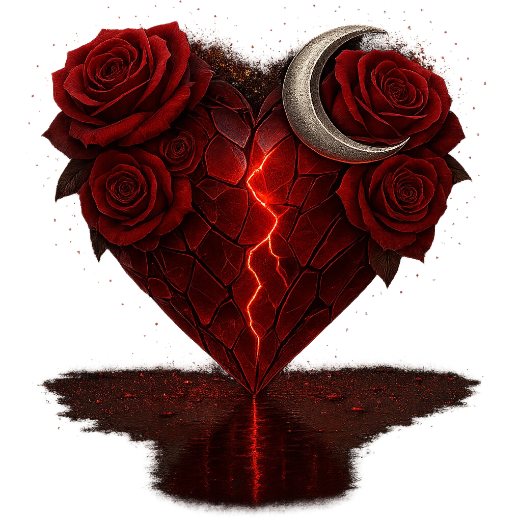 Edit the gothic heart to be formed from splintered deep red glass, silver crescent moon, red roses, sparkling holographic stardust, neon lightning, and a wet, reflective surface. Keep the background transparent. The style should maintain the gothic heart's original look with transparent background. emoji