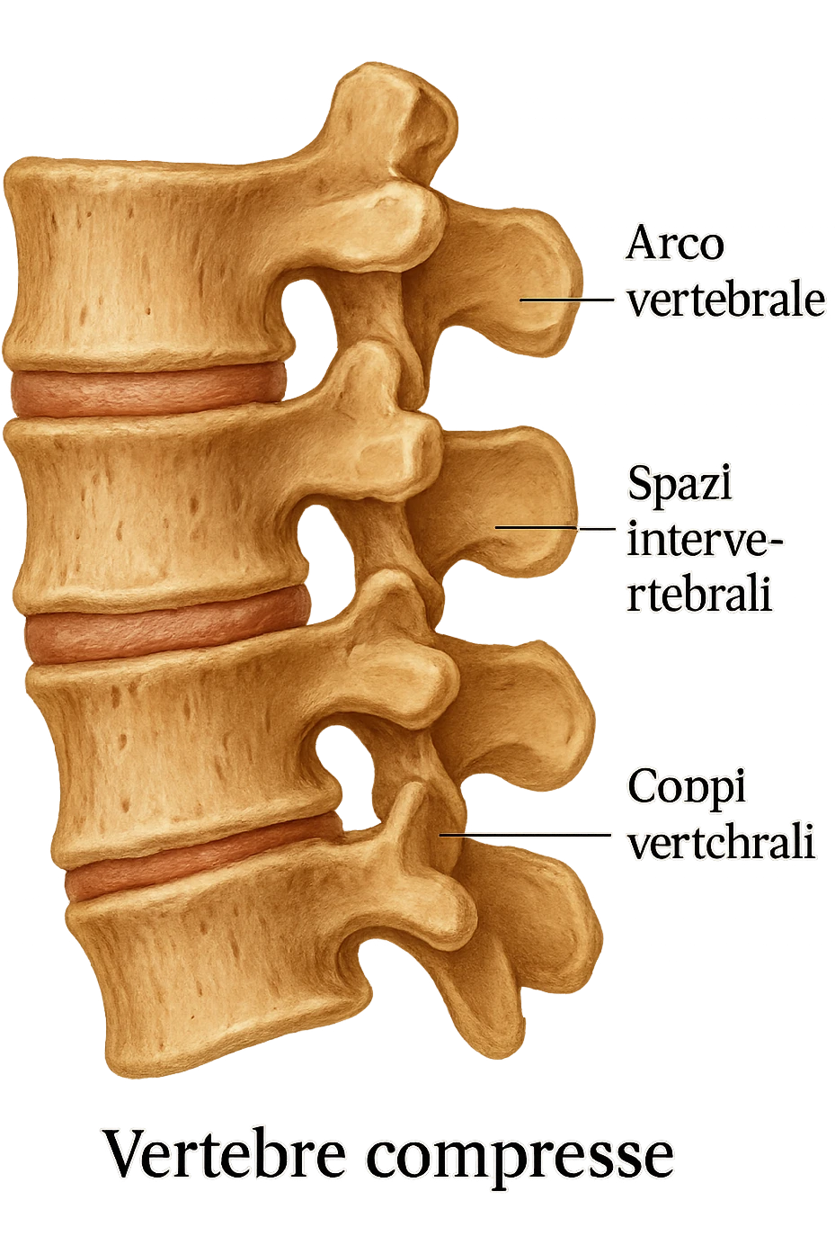 realistic anatomical image of compressed vertebrae only, lateral view, no background, clear anatomical details, captions in Italian, aspect ratio 2:3 emoji