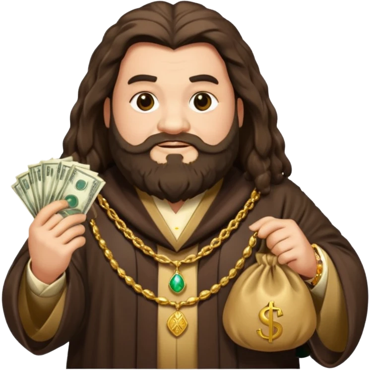 Hagrid from Harry Potter depicted as wealthy, wearing luxurious robes, gold jewelry, and holding a money bag, emoji style emoji