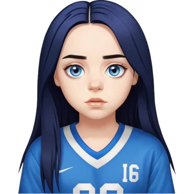 billie eilish singing long black hair blue eyes dark eyeliner makeup, wearing jersey emoji