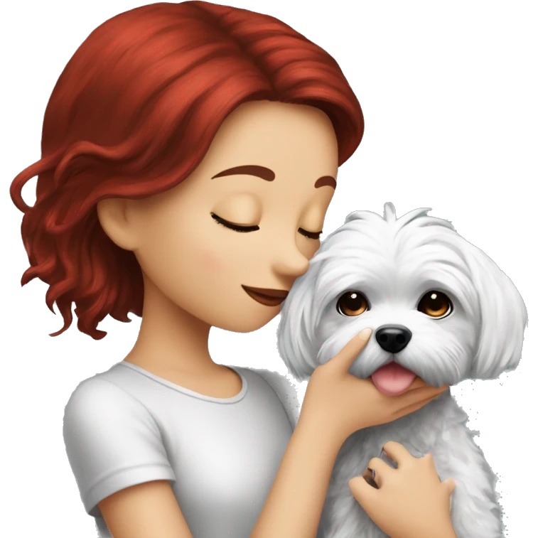 Dark-red-haired girl kiss her Maltese-Black-dog emoji