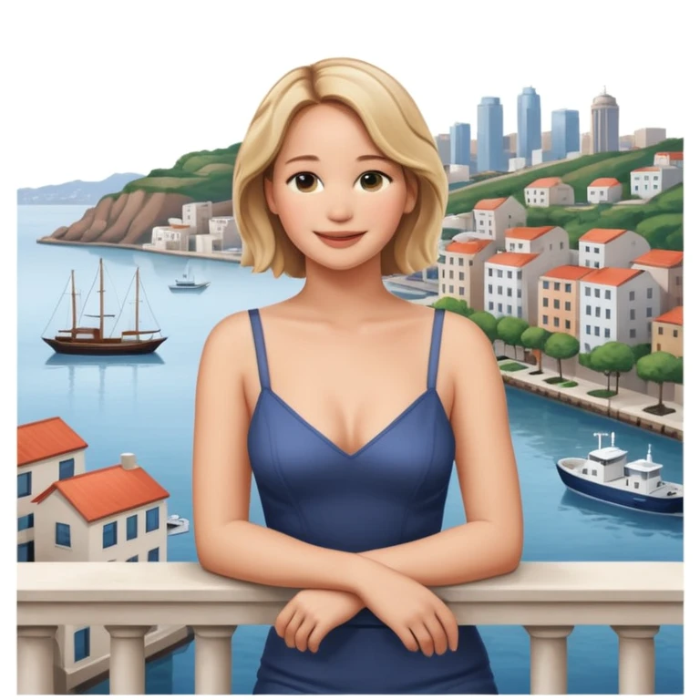jennifer lawrence, closeup portrait , leaning on a balcony with a harbor and cityscape in the background, smiling emoji
