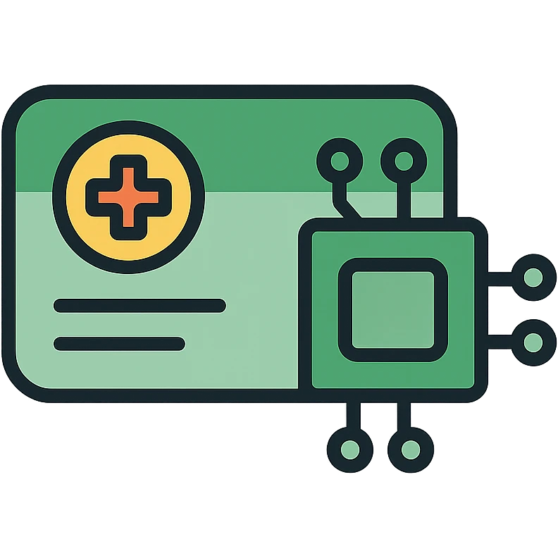 modern icon design for a clinic core application logo, green tones, combines a healthcard icon with a tech software element, contemporary and trustworthy emoji
