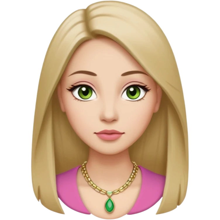 ,Adult woman avatar, light skin tone, oval face, long straight ash-brown hair, green almond-shaped eyes with dramatic eyelashes and minimal eyeliner, neutral mouth, medium straight eyebrows, small nose, natural pink lips, smooth skin with light natural blush emoji